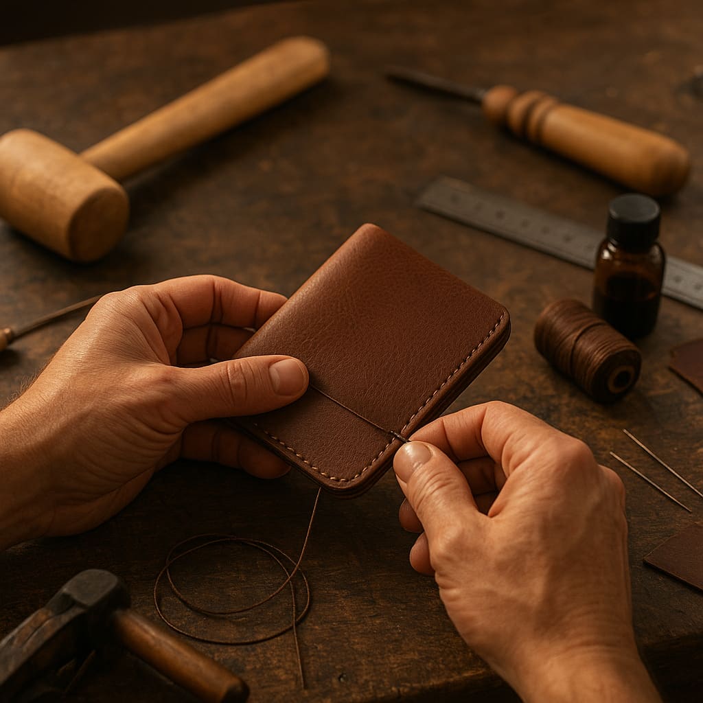 Handarbeit im Lederatelier am Werkbankplatz